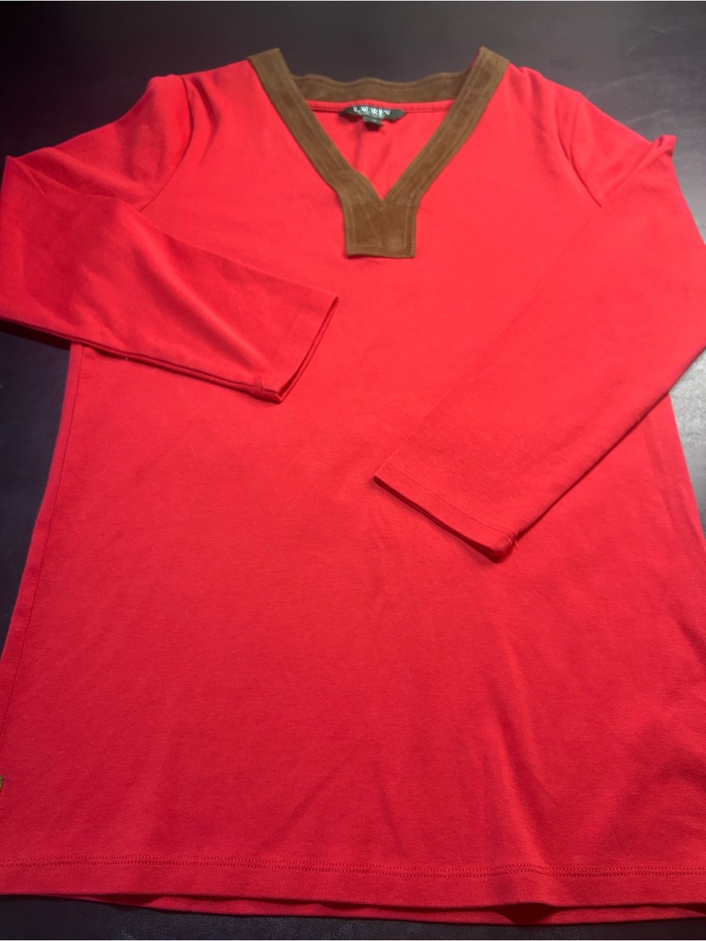 Ralph Lauren Red Long Sleeve V-Neck Shirt with Brown Trim
